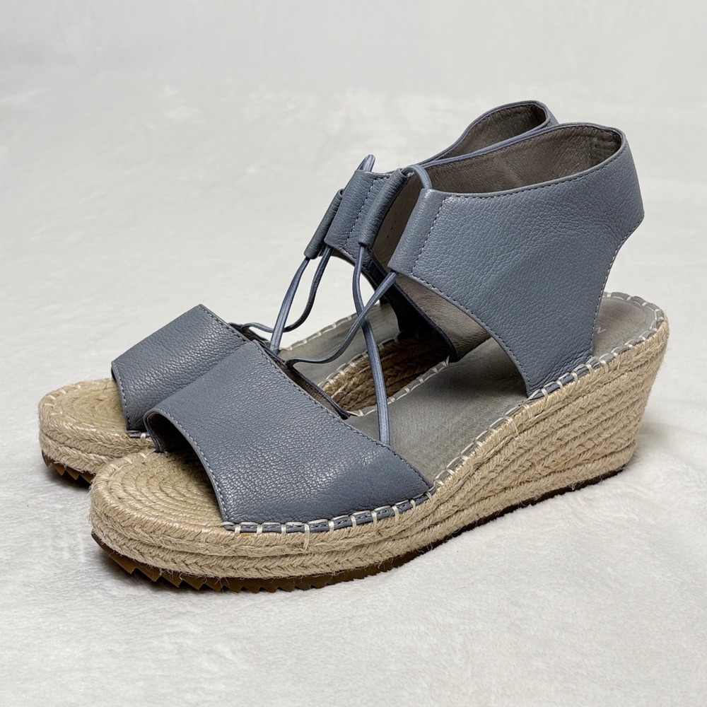 Eileen Fisher Blue Leather Espadrille Wedge Sandals Minimalist Quiet Luxury Sz 9